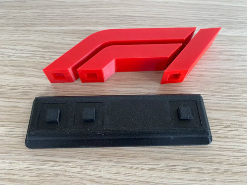 PosterBay MakerHub™ 3D Printed Formula 1 Logo Desk Stand – Red & Black F1 Racing Decor