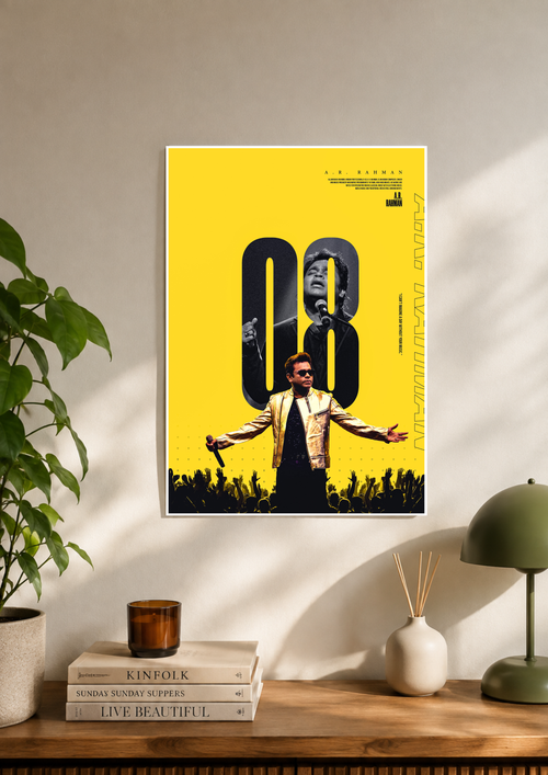 A.R. Rahman music poster in gold with a silhouetted figure and crowd