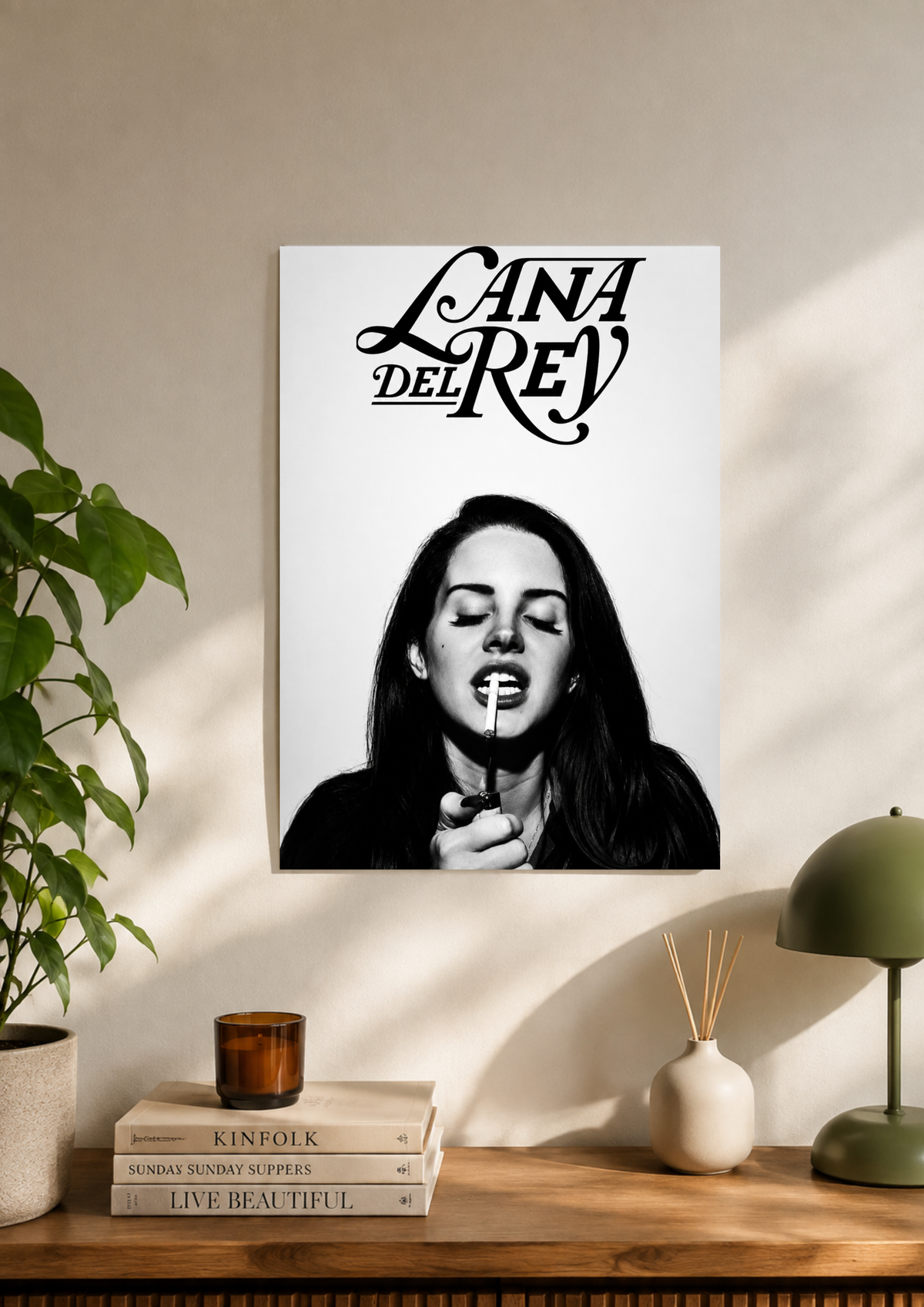 Lana Del Rey black and white portrait poster with ornate serif lettering