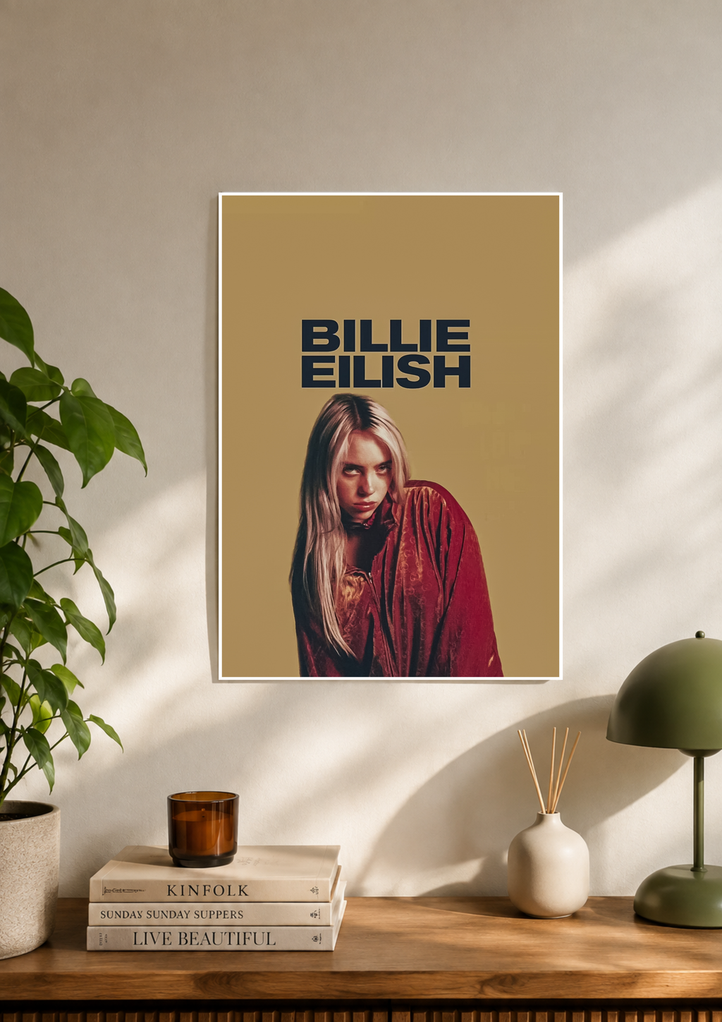 Billie Eilish minimal portrait poster on a beige background