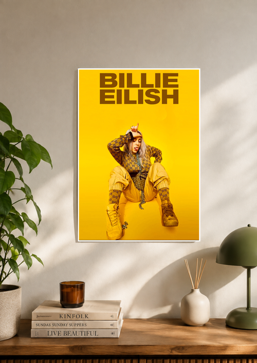 Billie Eilish poster in bold yellow with black stacked lettering