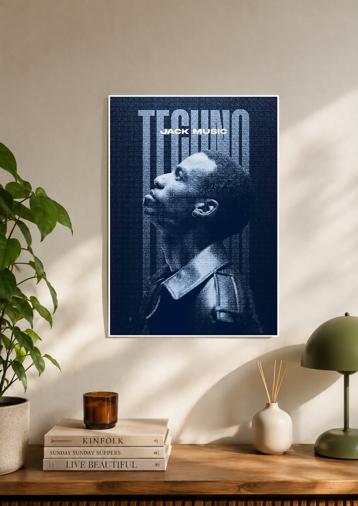 Techno electronic music art poster in blue tones with stencil lettering
