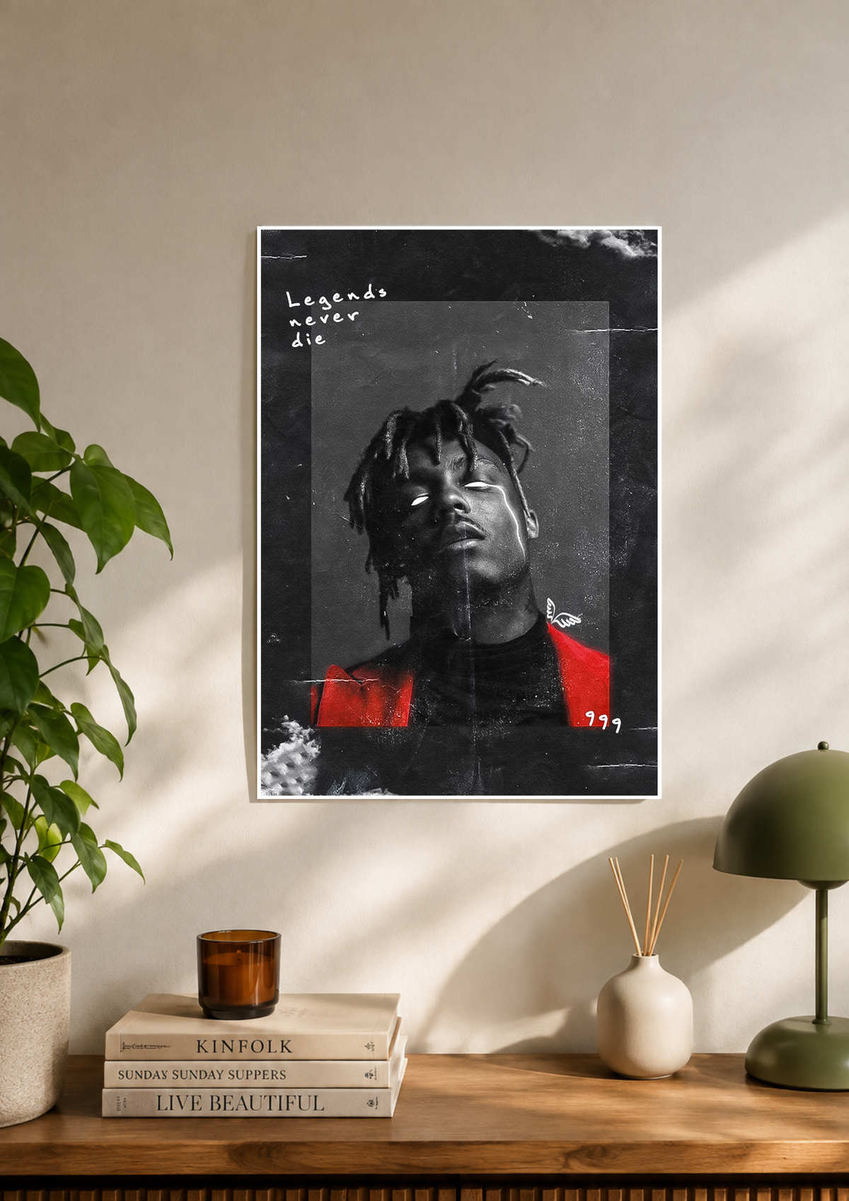 Juice WRLD Legends Never Die poster in muted grey and red tones