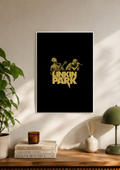 Linkin Park poster with gold band figures on a black background