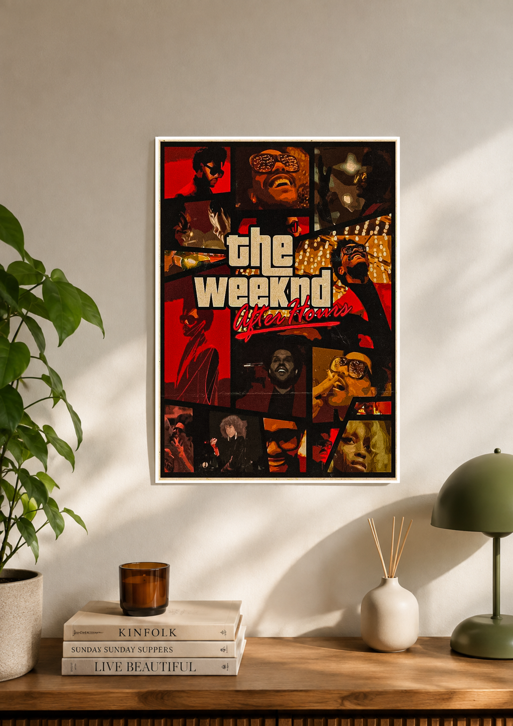 The Weeknd collage poster in red and orange spanning multiple eras