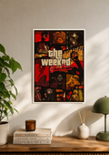 The Weeknd collage poster in red and orange spanning multiple eras