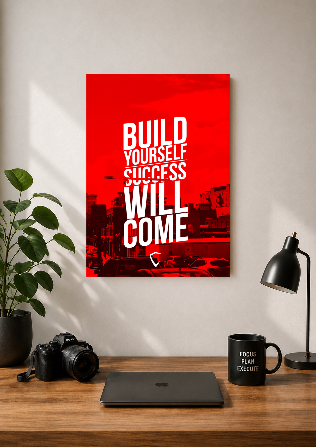 Red Build Yourself Success Will Come typography poster over a city backdrop