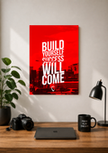 Red Build Yourself Success Will Come typography poster over a city backdrop