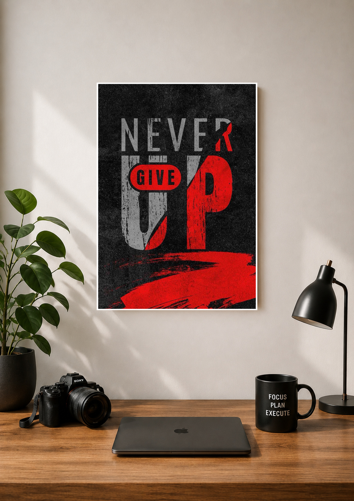 Never Give Up poster in bold grey capitals with a red paint stroke