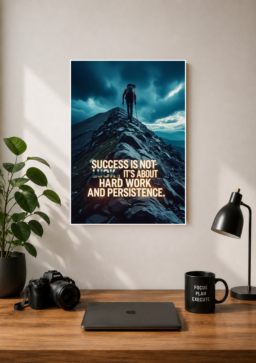 Mountain summit poster with a climber and the caption success is not luck