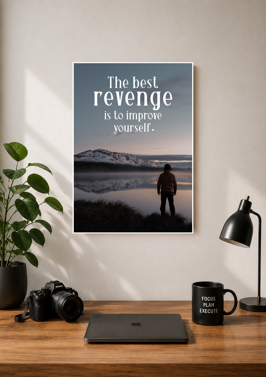 Minimal landscape poster reading the best revenge is to improve yourself
