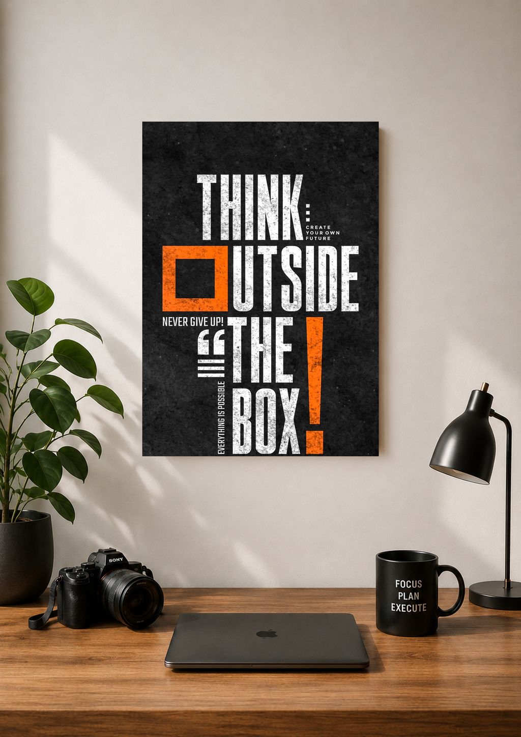 Think Outside The Box grunge typography poster with orange accents