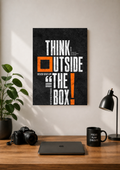 Think Outside The Box grunge typography poster with orange accents