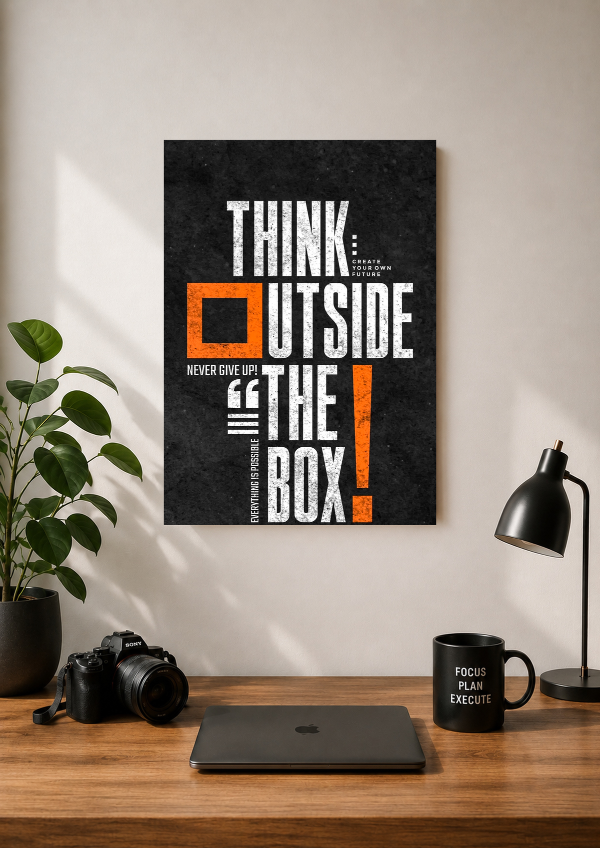 Think Outside The Box grunge typography poster with orange accents