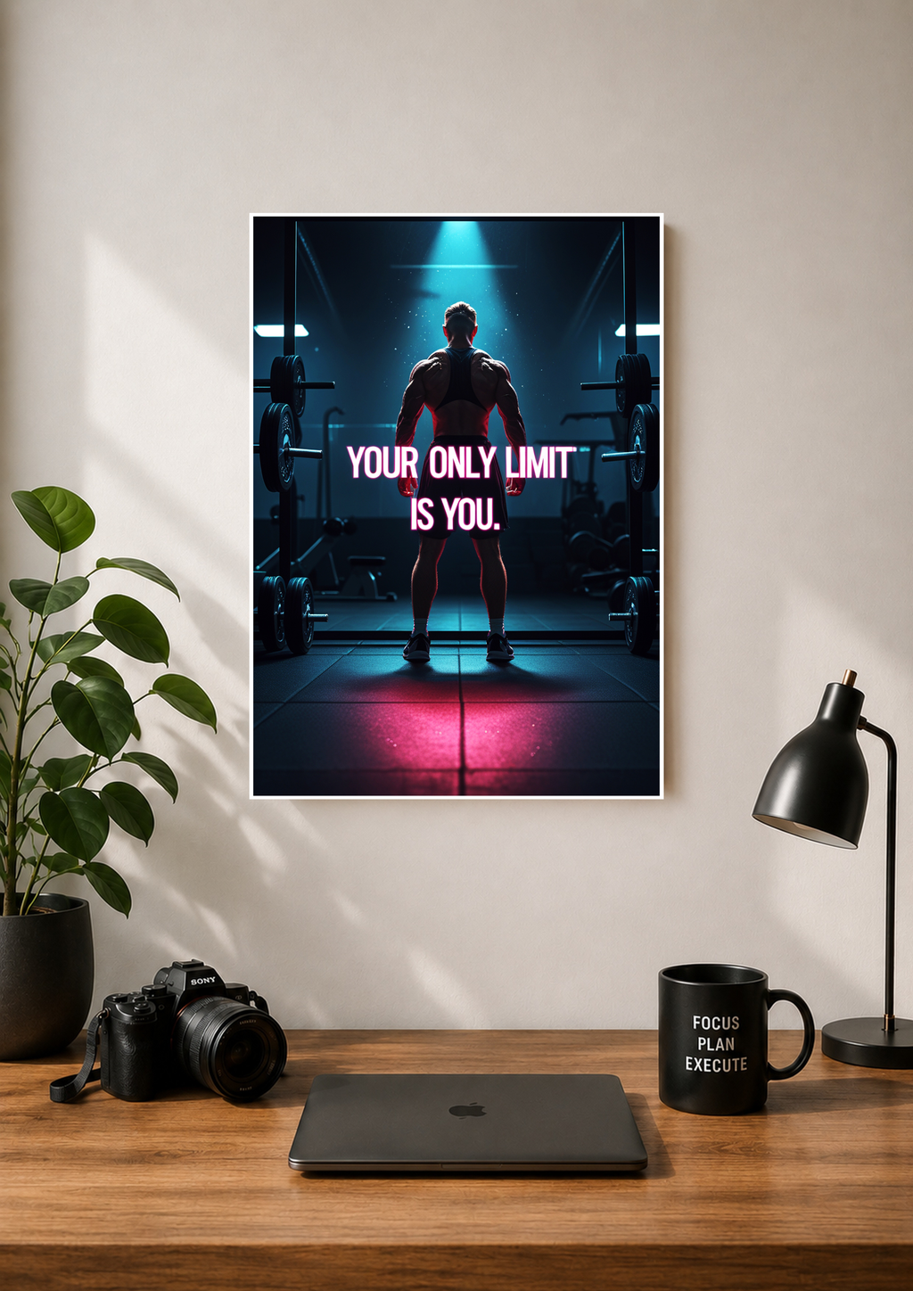 Gym poster of a lifter under blue neon light captioned your only limit is you