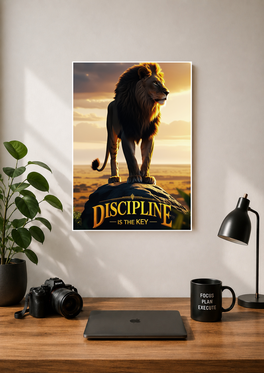 Lion standing on a rock at sunset with the caption Discipline Is The Key
