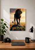 Lion standing on a rock at sunset with the caption Discipline Is The Key