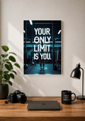 Gym poster showing a barbell rack with the caption your only limit is you