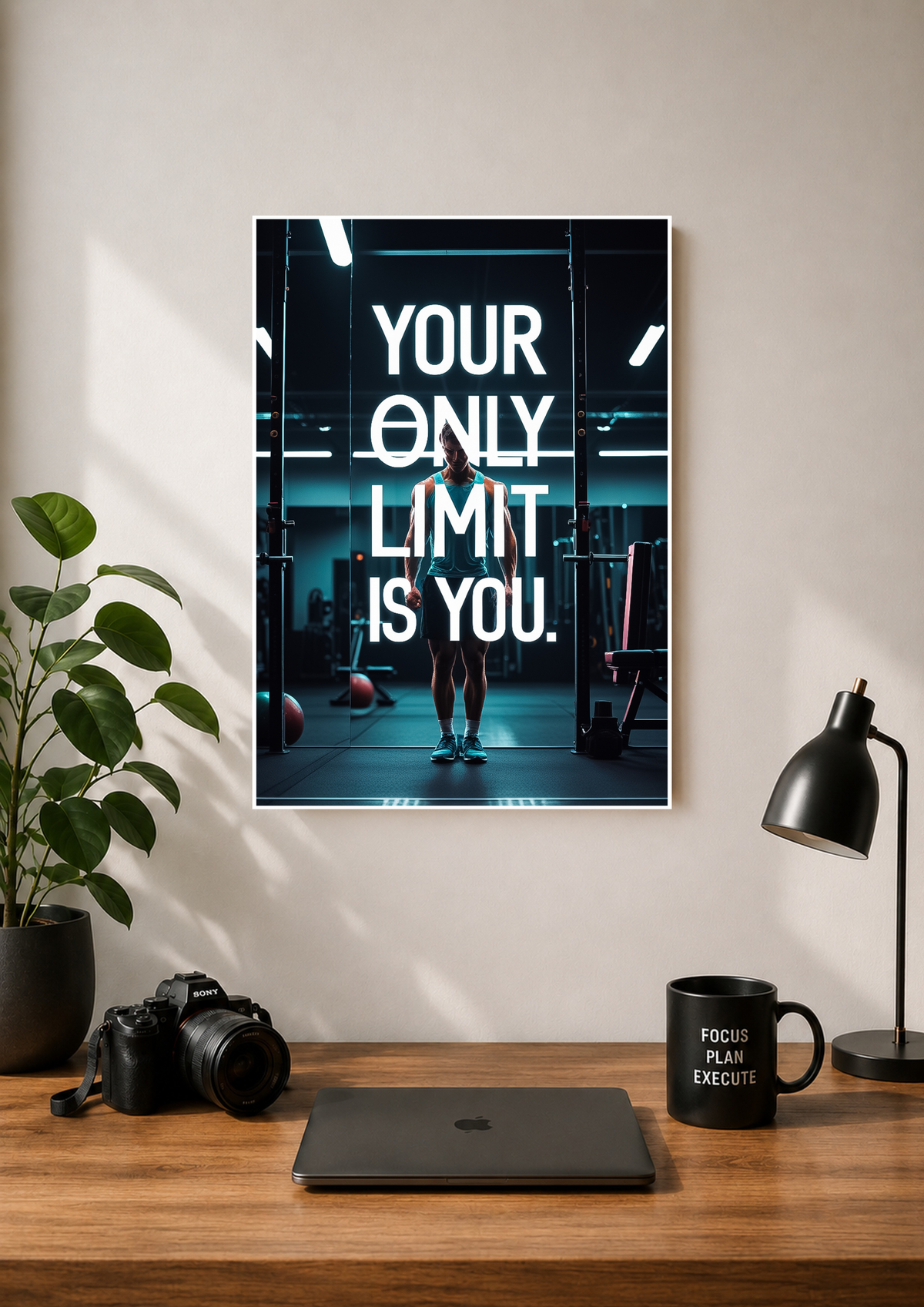 Gym poster showing a barbell rack with the caption your only limit is you