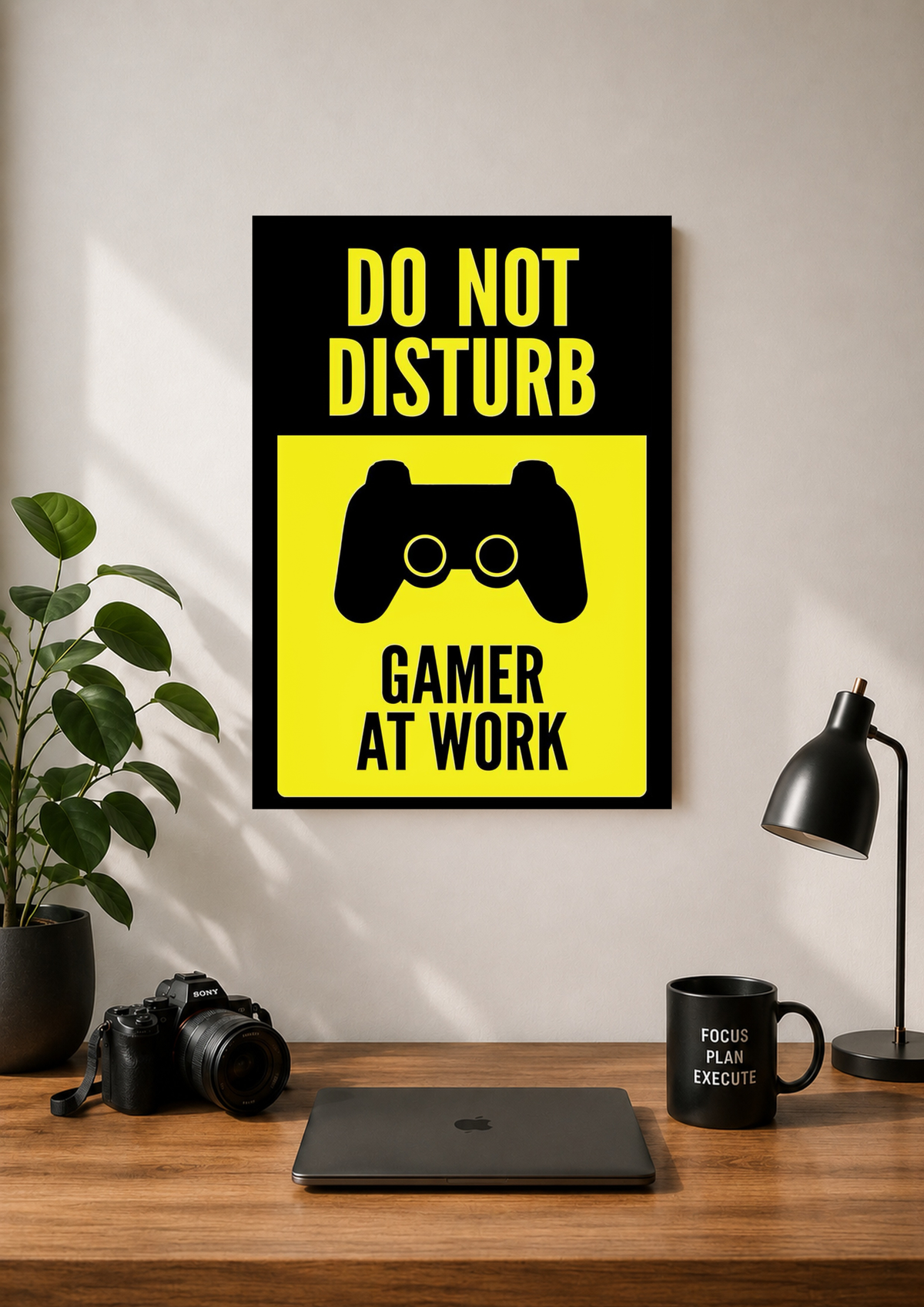 Do Not Disturb Gamer At Work poster in yellow and black with a controller icon