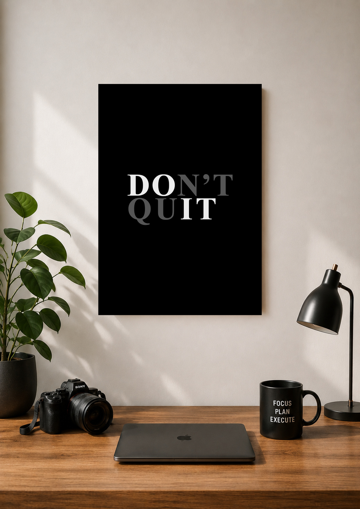 Minimal Don't Quit typography poster in white serif on black