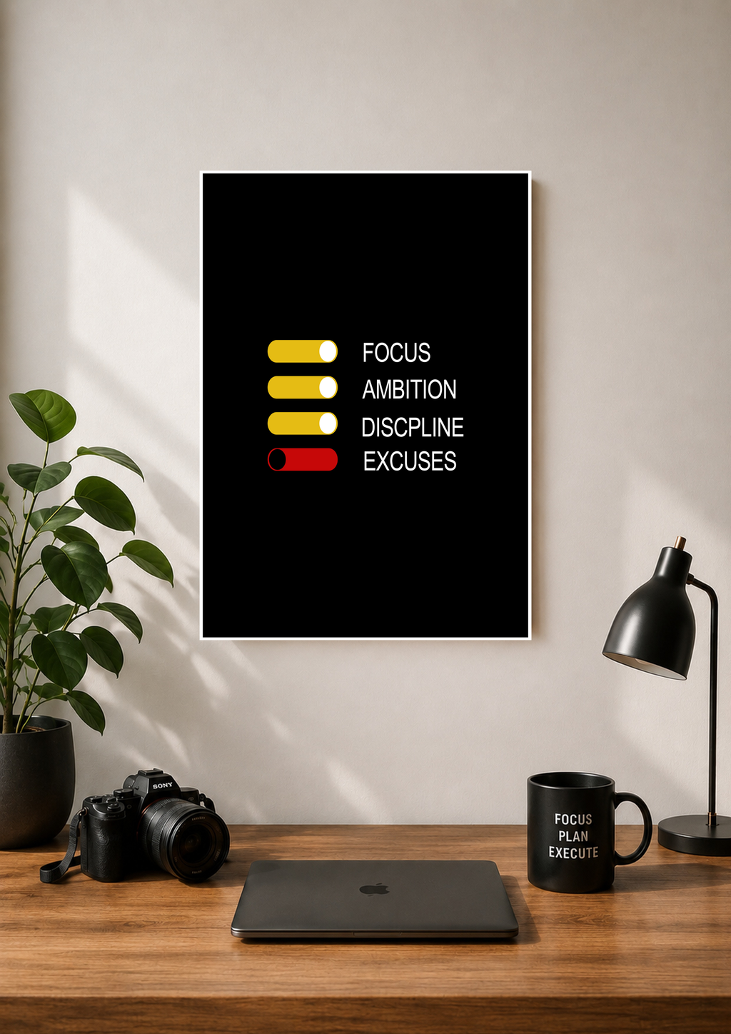 Minimal poster with toggle switches for focus, ambition, discipline on and excuses off