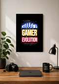 Neon Gamer Evolution poster showing evolution silhouettes ending at a gamer