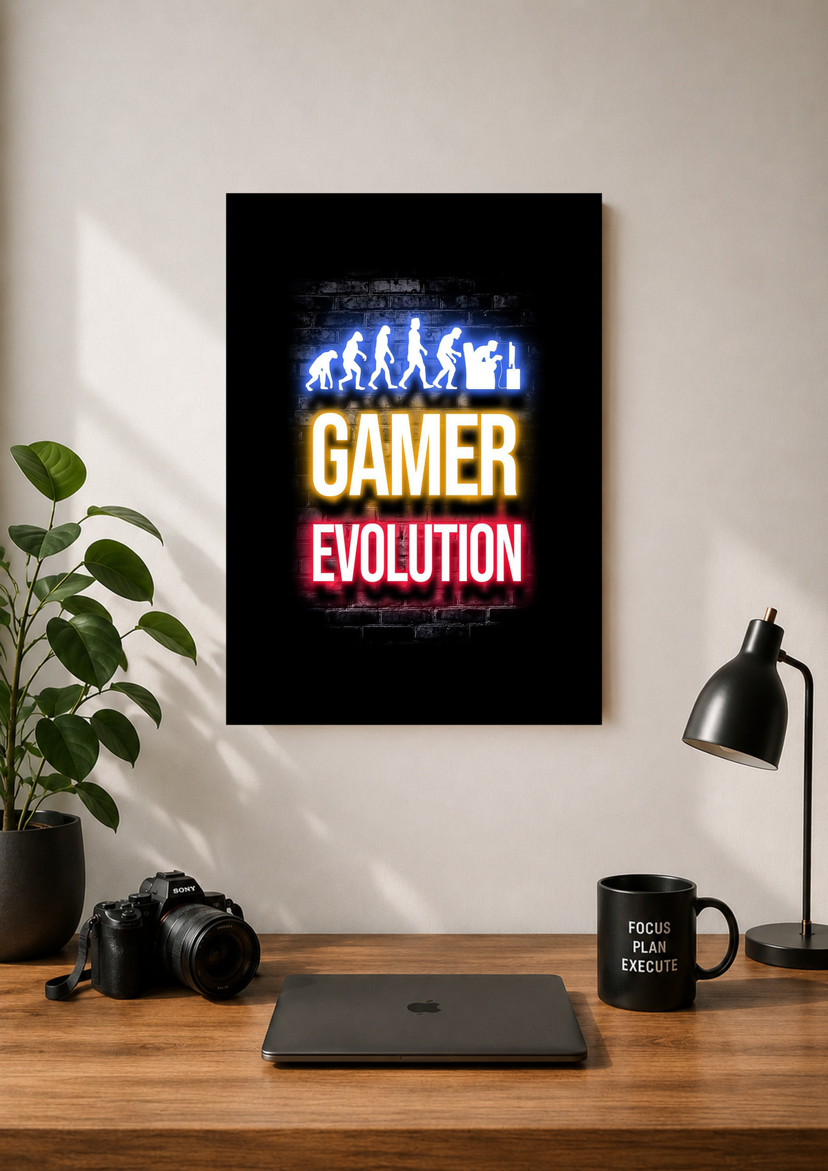 Neon Gamer Evolution poster showing evolution silhouettes ending at a gamer
