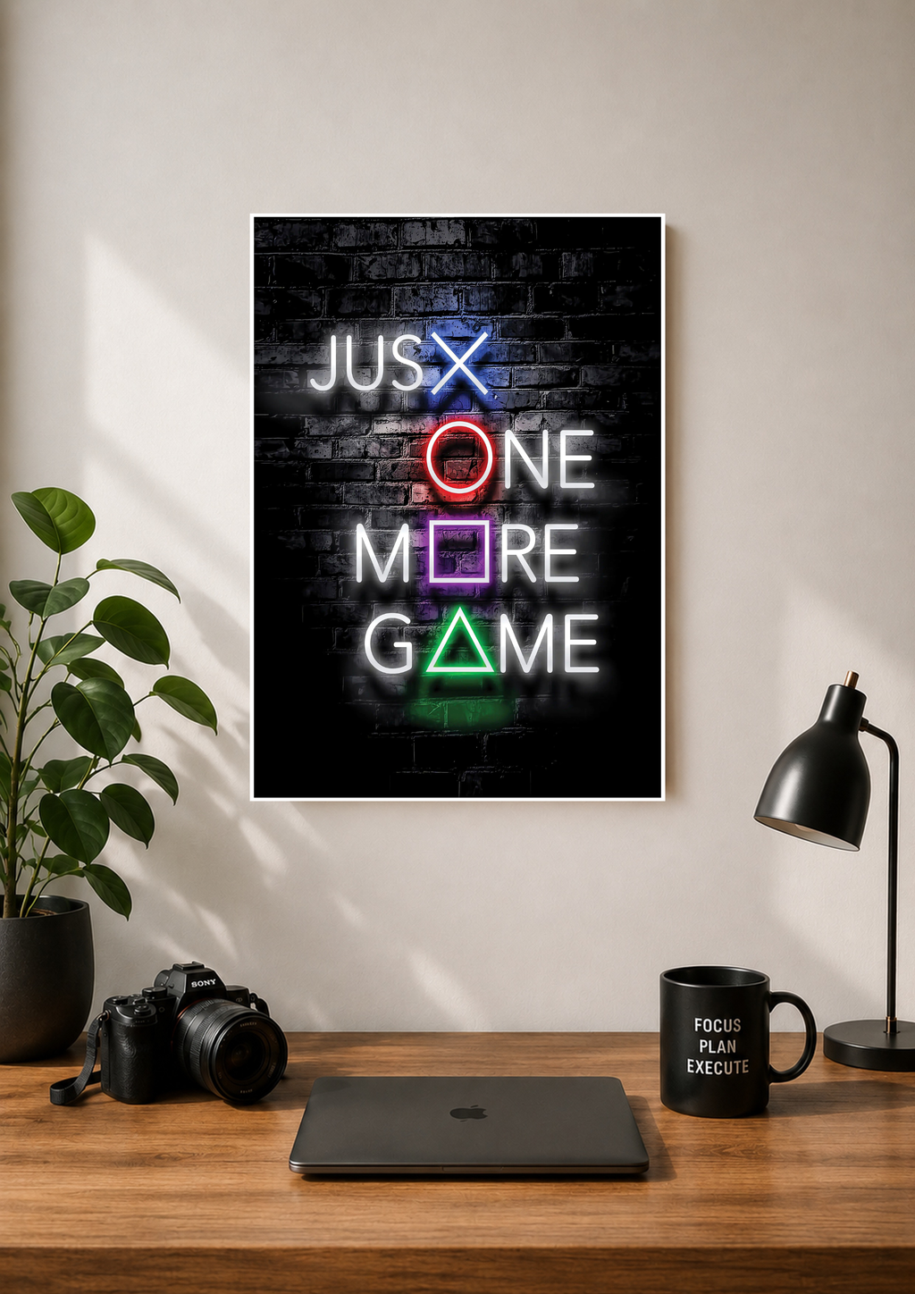 Just One More Game neon poster using glowing controller button symbols