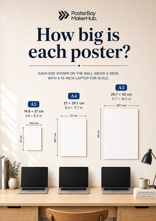 PosterBay poster size chart showing A5, A4 and A3 dimensions