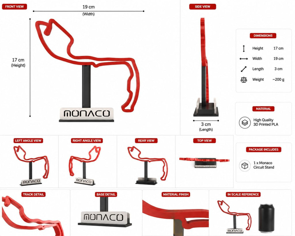 PosterBay MakerHub™ Monaco Race Track Desk Decor – 3D Printed Circuit Outline Model with Engraved Nameplate Stand